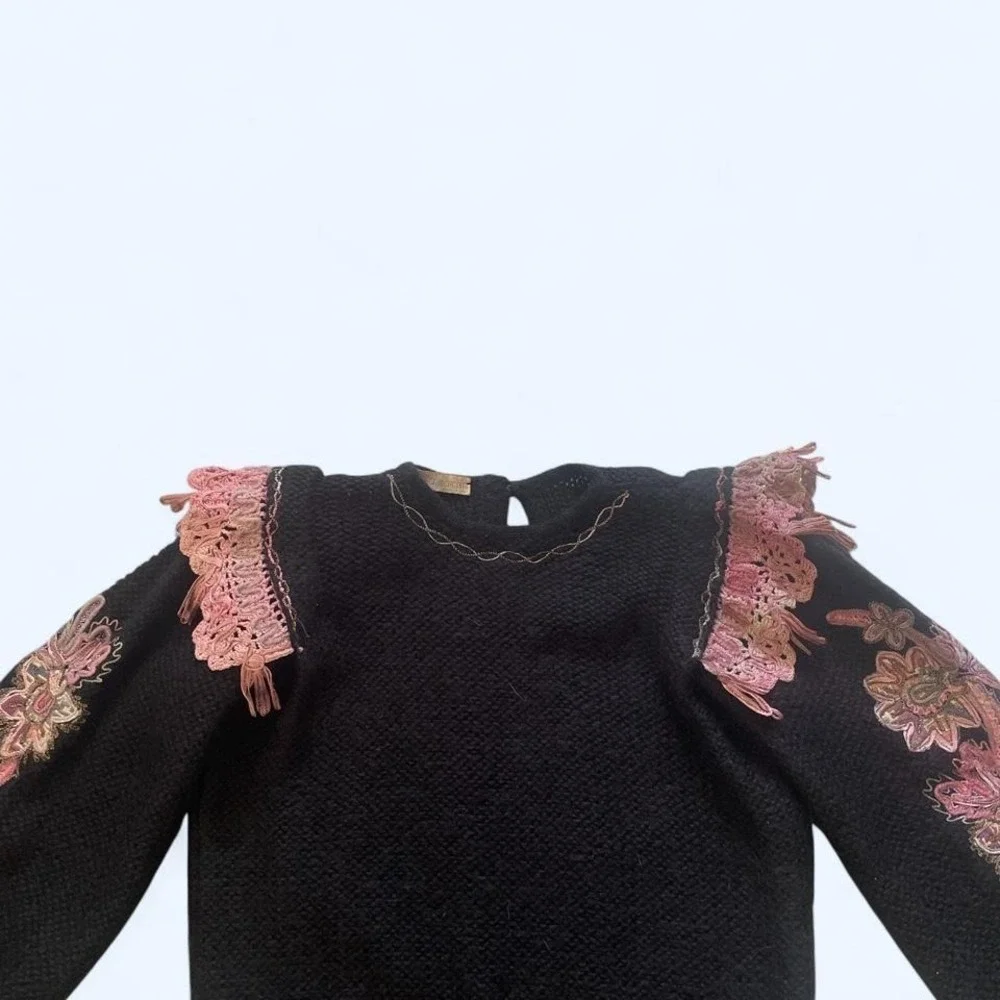 Vintage embroidered mohair blend sweater with ruffles size S by Nella Marchini